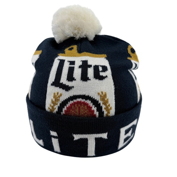 Miller Lite Other - Miller Lite Beanie Mens OSFM Navy Blue Acrylic Pom Pom Knit Beer Graphic Hat